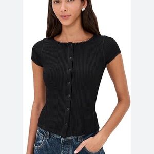 Free People Black Ribbed Button-Up Top